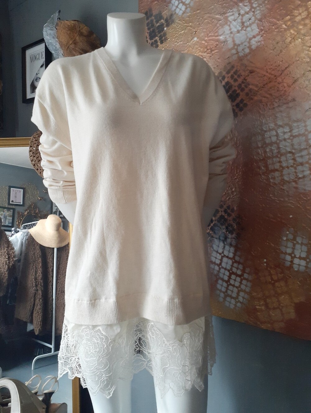 Zara Nwot Cream V-Neck Women’s Sweater With Lace Trim